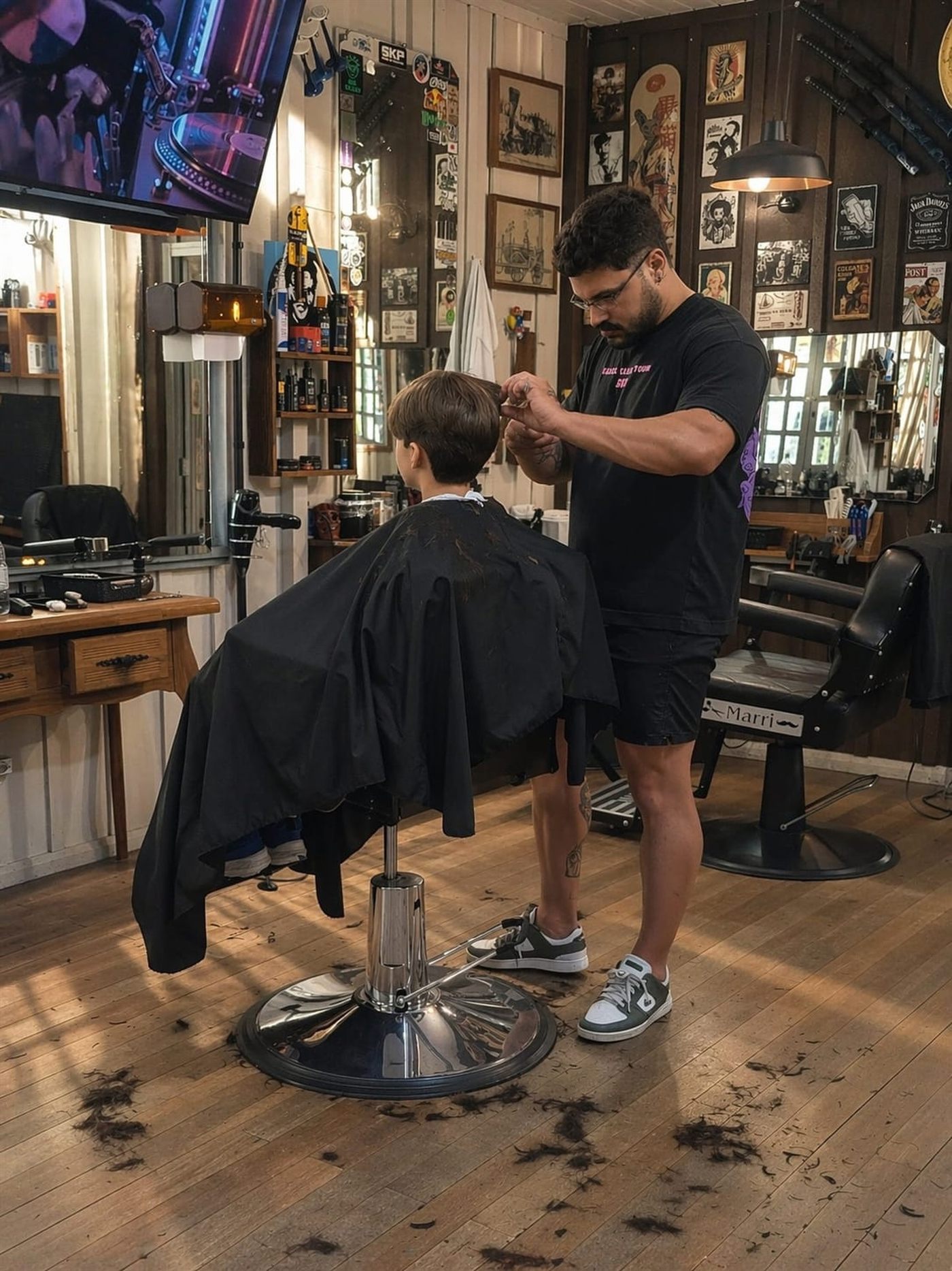Barbeiro da Estação cortando cabelo, cliente de costas